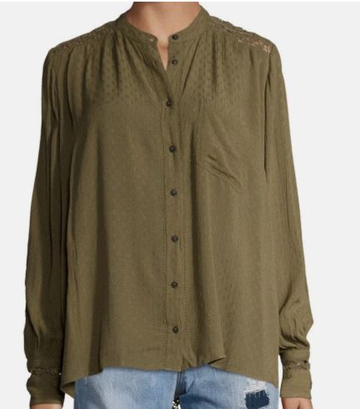Free People Size Xs Button Up Shirt Blouse Army Green Lace Back Long Sleeves